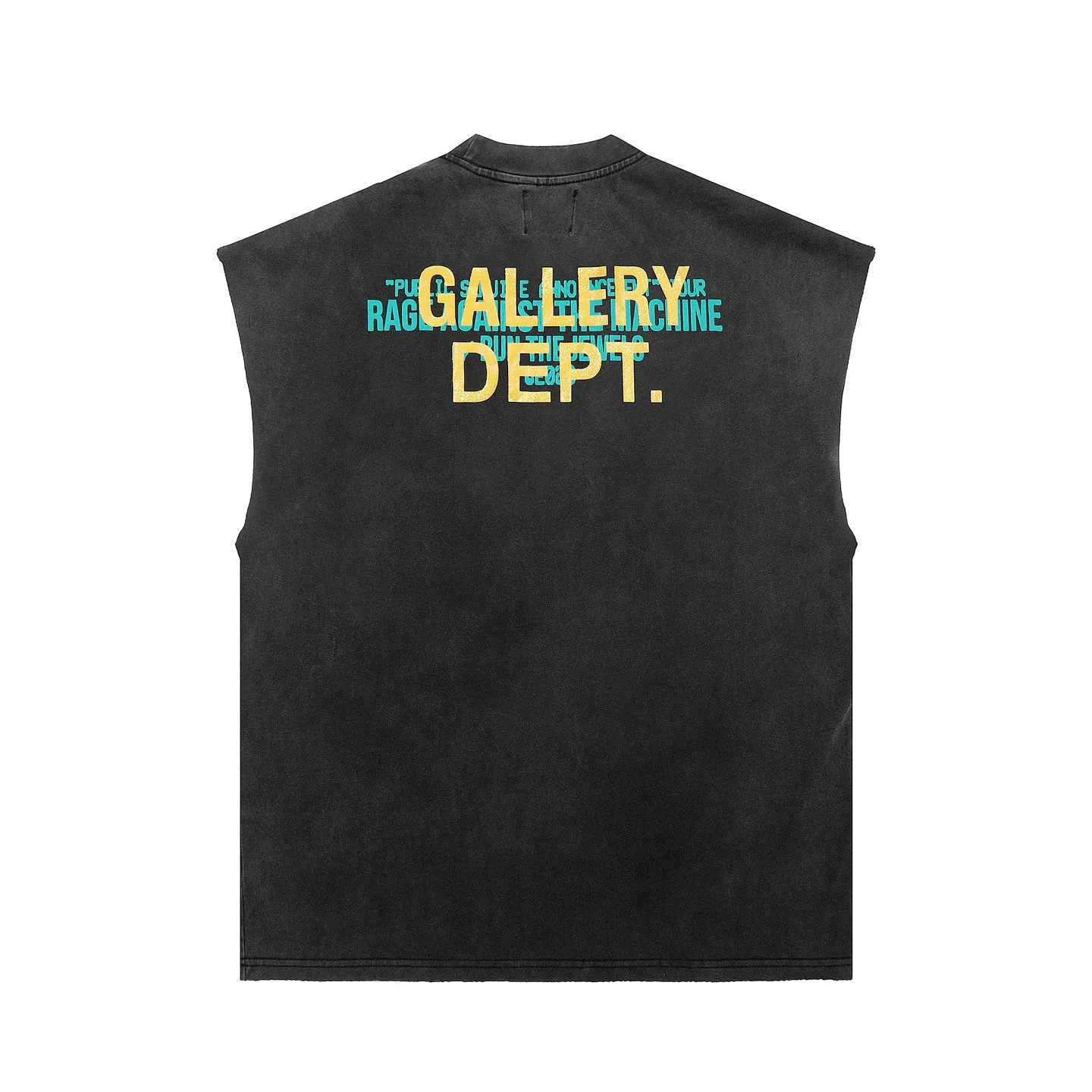 pt model number #G1020 P116 GALLERY DEPT. Distressed and frayed sleeveless waistcoat short sleeves. Meditate on the Statue of Liberty. Printed on the front and back. Made of 280G double yarn pure cotton. The fabric is comfortable and stylish. After washing and distressing, the upper body becomes more fashionable and cool. The collar and hem are frayed. The design is full. The US version is too large. Color: washed black. Size S/M/L/XL